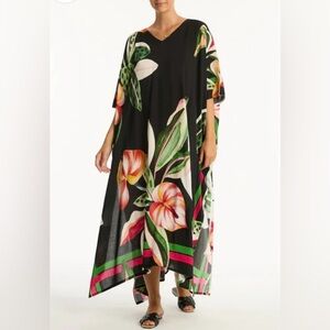 Floral V-Neck Black Caftan Dress - Tropical Print